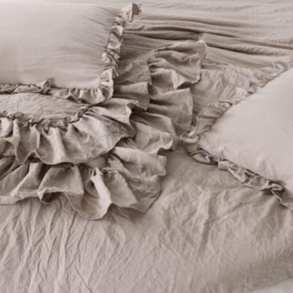 Ecru Twin Size Bed Comforter Set Taupe Shabby Chic Ruffle Bedding Stonewashed - Picture 6 of 11